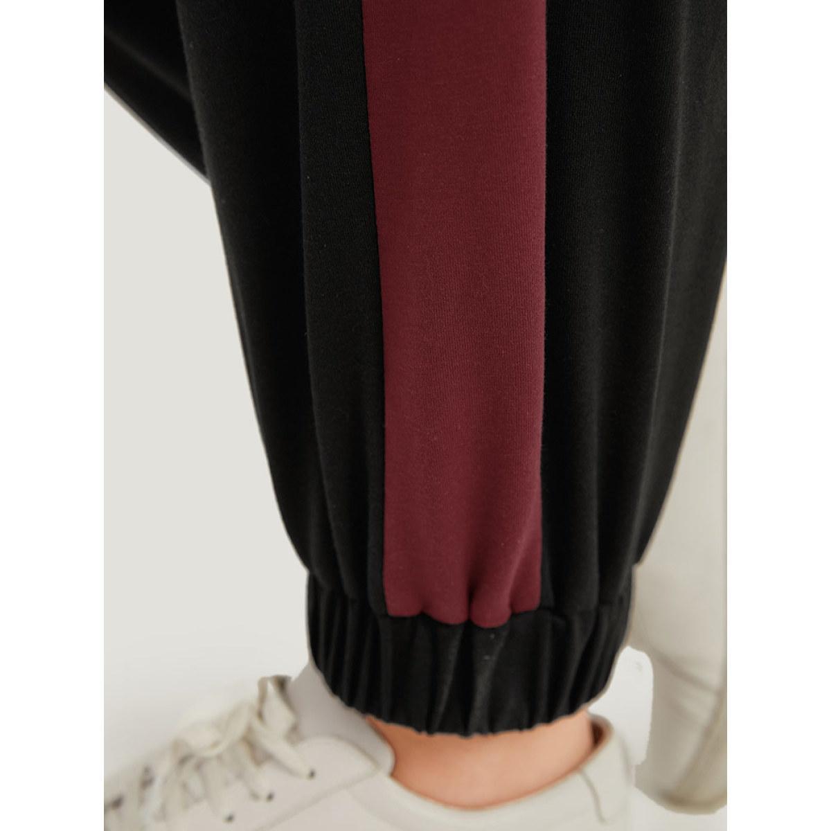 Contrast Patchwork Pocket Elastic Waist Carrot Sweatpants Black Plus Size Women Casual Dailywear Contrast 10/M Bloomchic Product Image