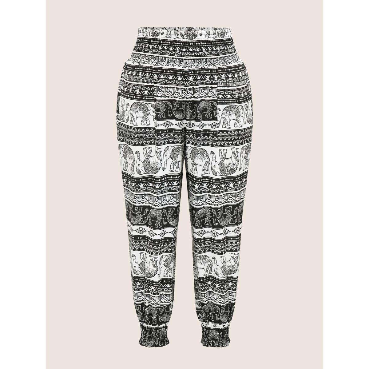 Plus Size Bandana Shirred Elastic Waist Patched Pocket Pants Women Black Resort Loose High Rise Vacation Pants BloomChic 12/L Product Image