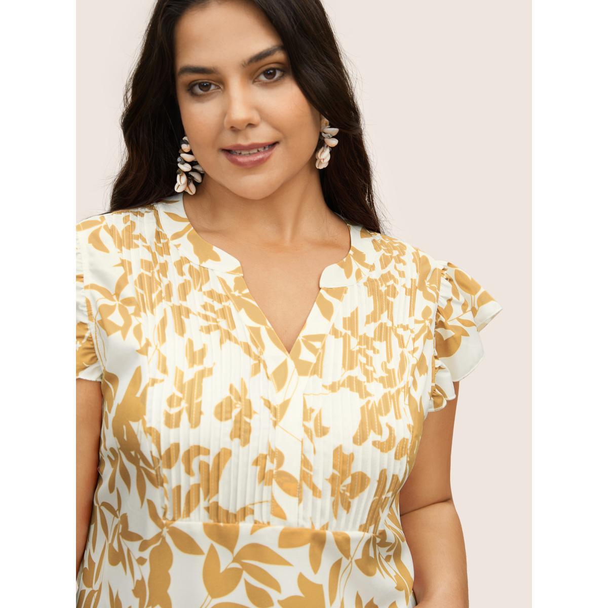 Plus Size Tan Silhouette Floral Print Notched Collar Pleated Blouse Women Resort Cap Sleeve Notched collar Vacation Blouses BloomChic 10/M Product Image