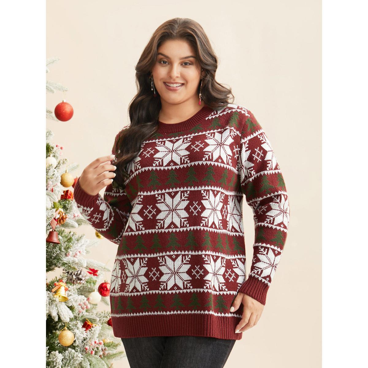 Plus Size Supersoft Essentials Snowflakes Pattern Ribbed Pullover Scarlet Women Casual Loose Long Sleeve Round Neck Everyday Pullovers BloomChic 12/L Product Image