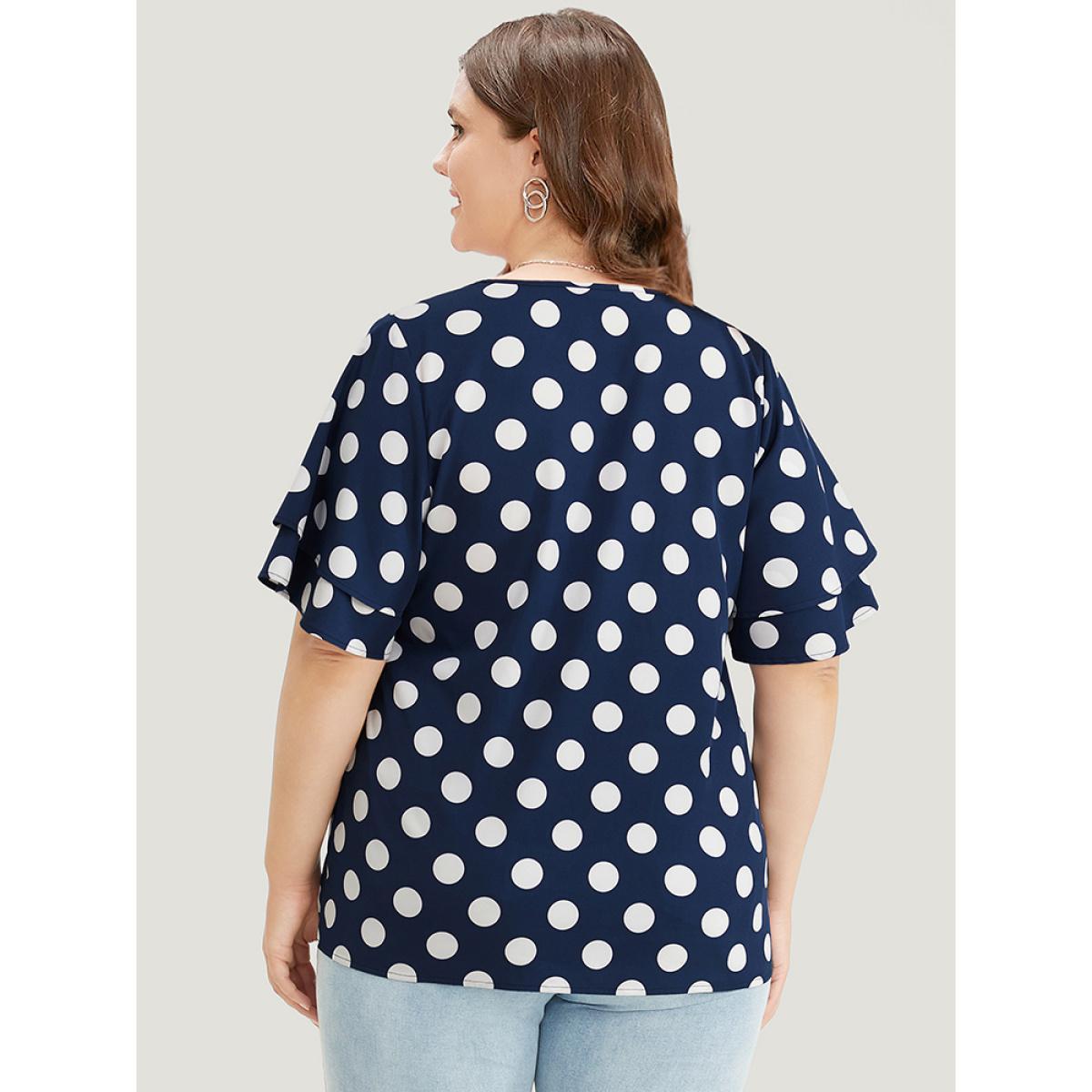 Plus Size Indigo Polka Dot Ruffle Tiered Sleeve Blouse Women Office Short sleeve Round Neck Work Blouses BloomChic 14-16/1X Product Image