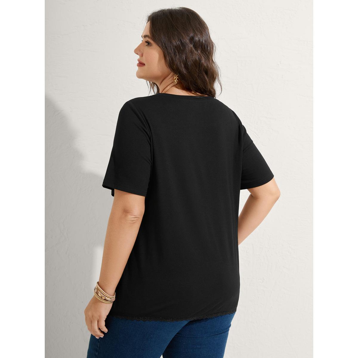 Plus Size Lace Neck Flowy Sleeve Solid T-Shirt Black Women Round Neck Vacation T-shirts BloomChic 28/5X Product Image