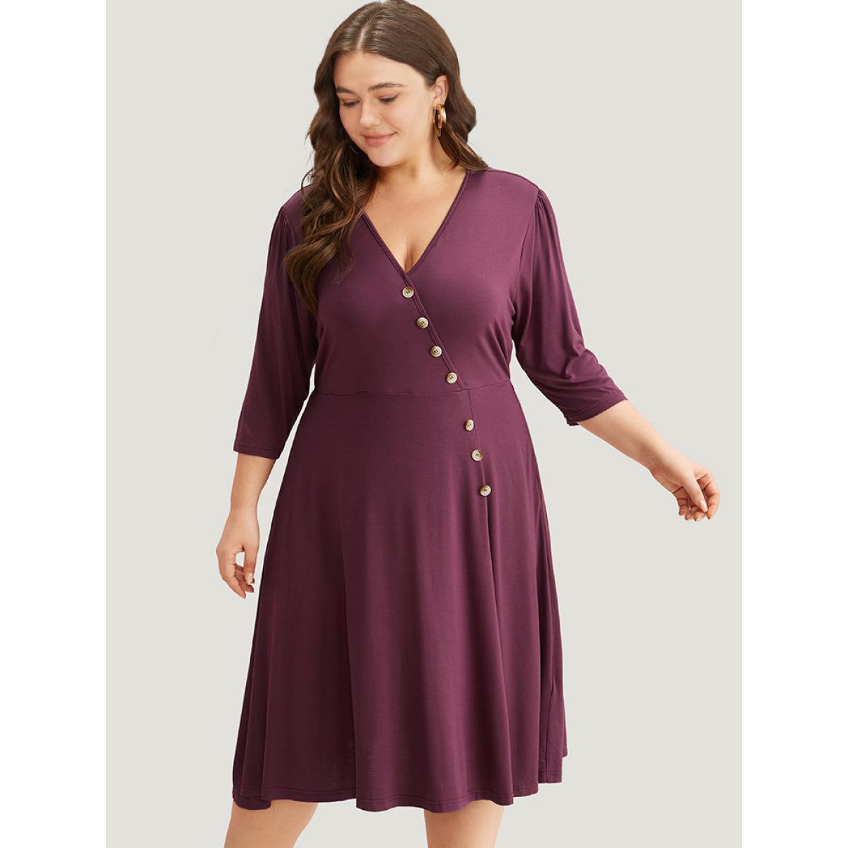 Plus Size Asymmetrical Button Detail Ruffle Hem Dress Purple Women Office Plain V-neck Elbow-length sleeve Curvy Midi Dress BloomChic 28/5X Product Image