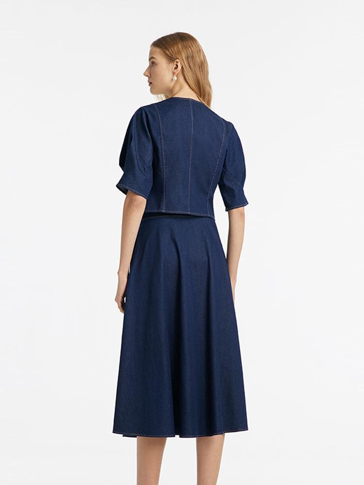 Denim V-Neck Top And Half Skirt Two-Piece Set Product Image