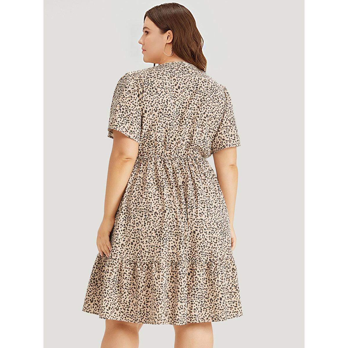 Plus Size Leopard Notched Pocket Gathered Ruffle Layered Hem Dress LightBrown Women Elegant Notched collar Short sleeve Curvy Knee Dress BloomChic 28/5X Product Image