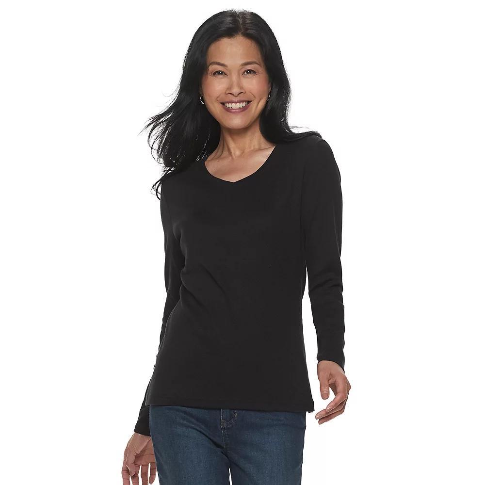 Petite Croft & Barrow® Essential Long-Sleeve V-Neck Top, Women's, Size: Medium Petite, Black Product Image