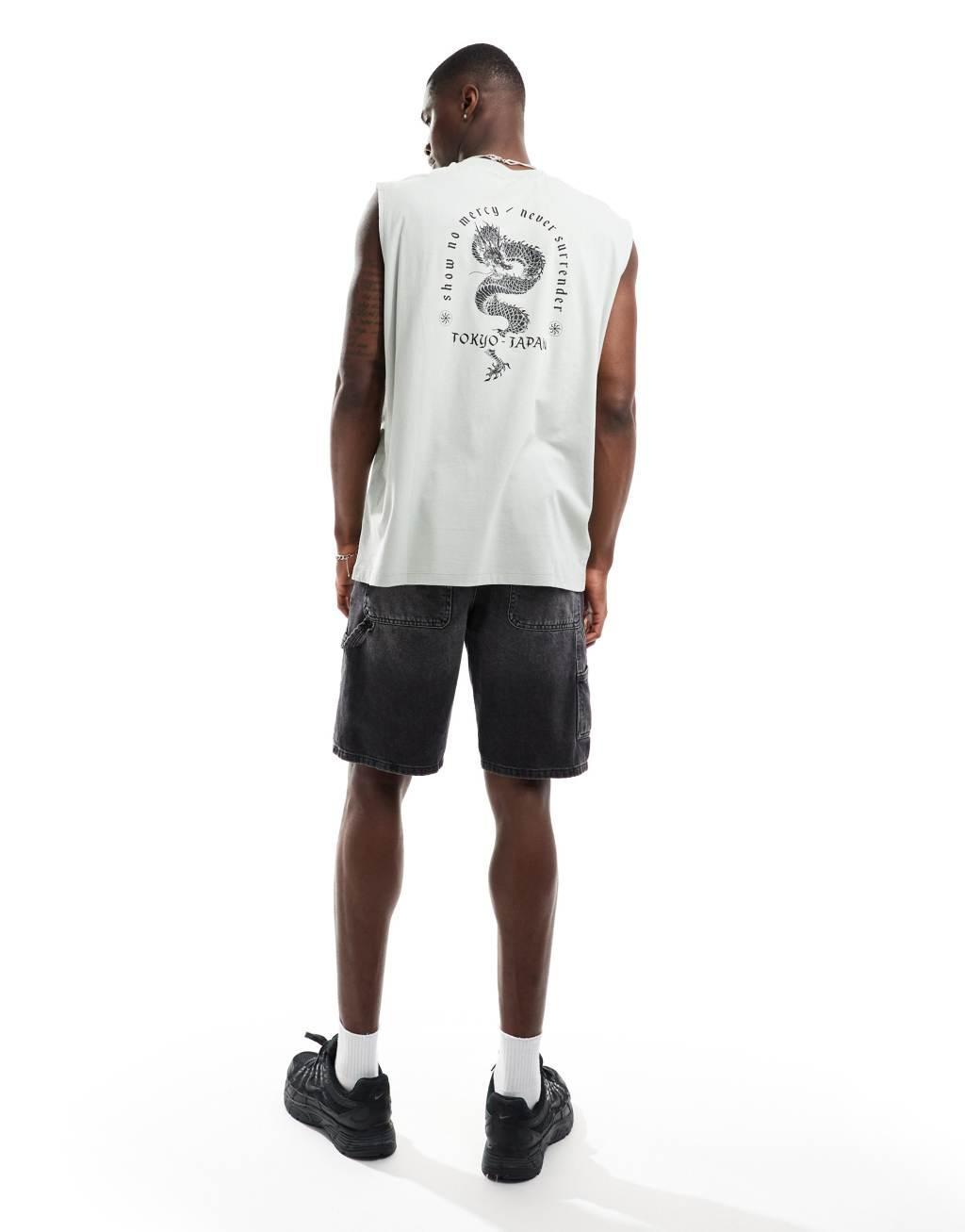 ASOS DESIGN oversized tank top in gray with dragon souvenir back print Product Image