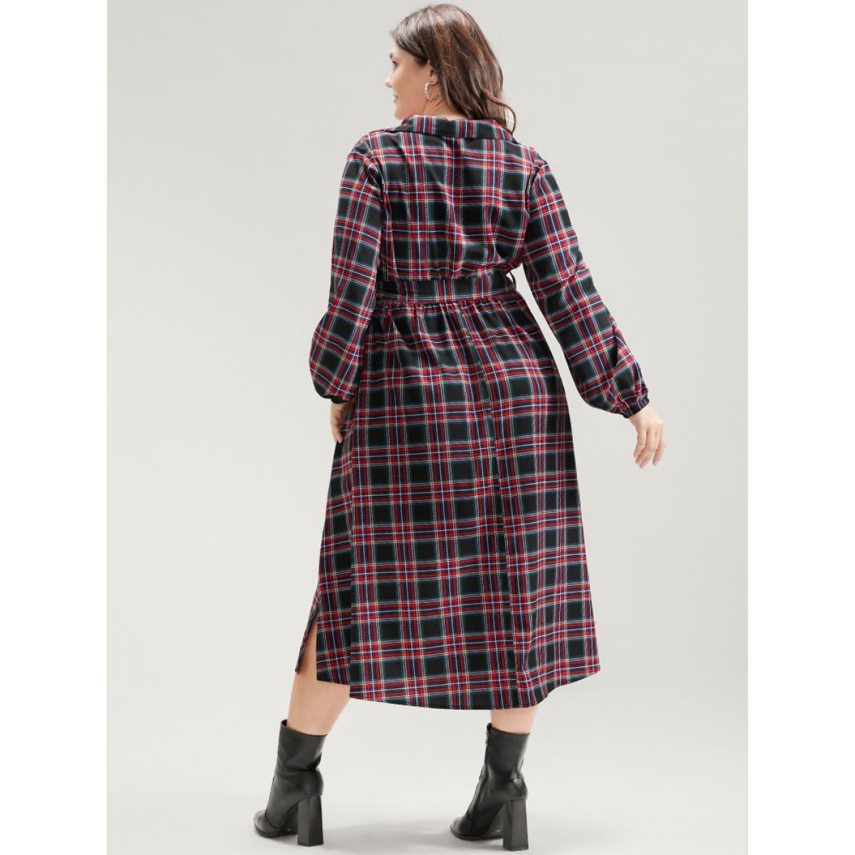 Plus Size Tartan Lantern Sleeve Pocket Belted Midi Dress Russet Women Elegant Elastic Waist Lapel Collar Long Sleeve Curvy Midi Dress BloomChic 12/L Product Image