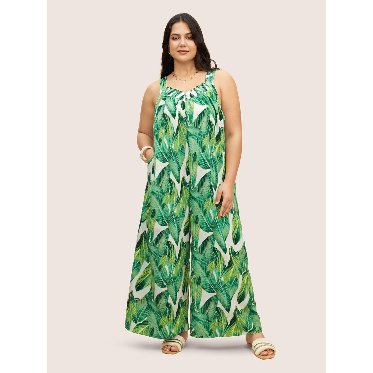 Plus Size Green Tropical Print Shirred Side Seam Pocket Jumpsuit Women Resort Sleeveless Non Vacation Loose Jumpsuits BloomChic 14-16/1X Product Image