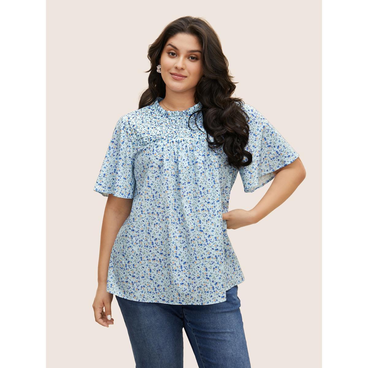 Plus Size Azure Ditsy Floral Plicated Detail Frill Trim Blouse Women Elegant Short sleeve Round Neck Everyday Blouses BloomChic 12/L Product Image