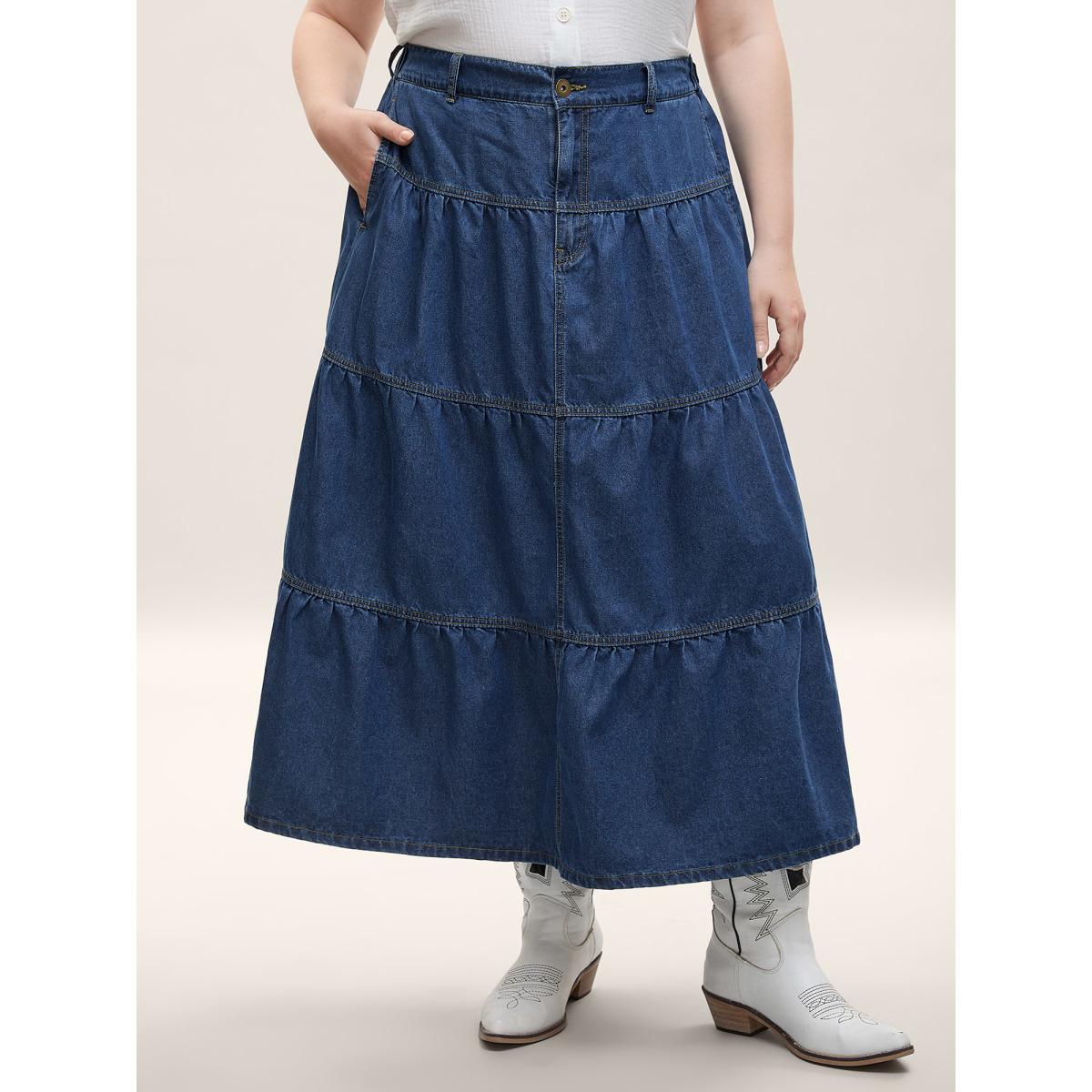 Plus Size Seamed Tiered A-Line Denim Maxi Skirt Women Darkindigo Vacation No stretch Medium Wash 26/4X Slanted pocket Denim Skirts BloomChic Product Image