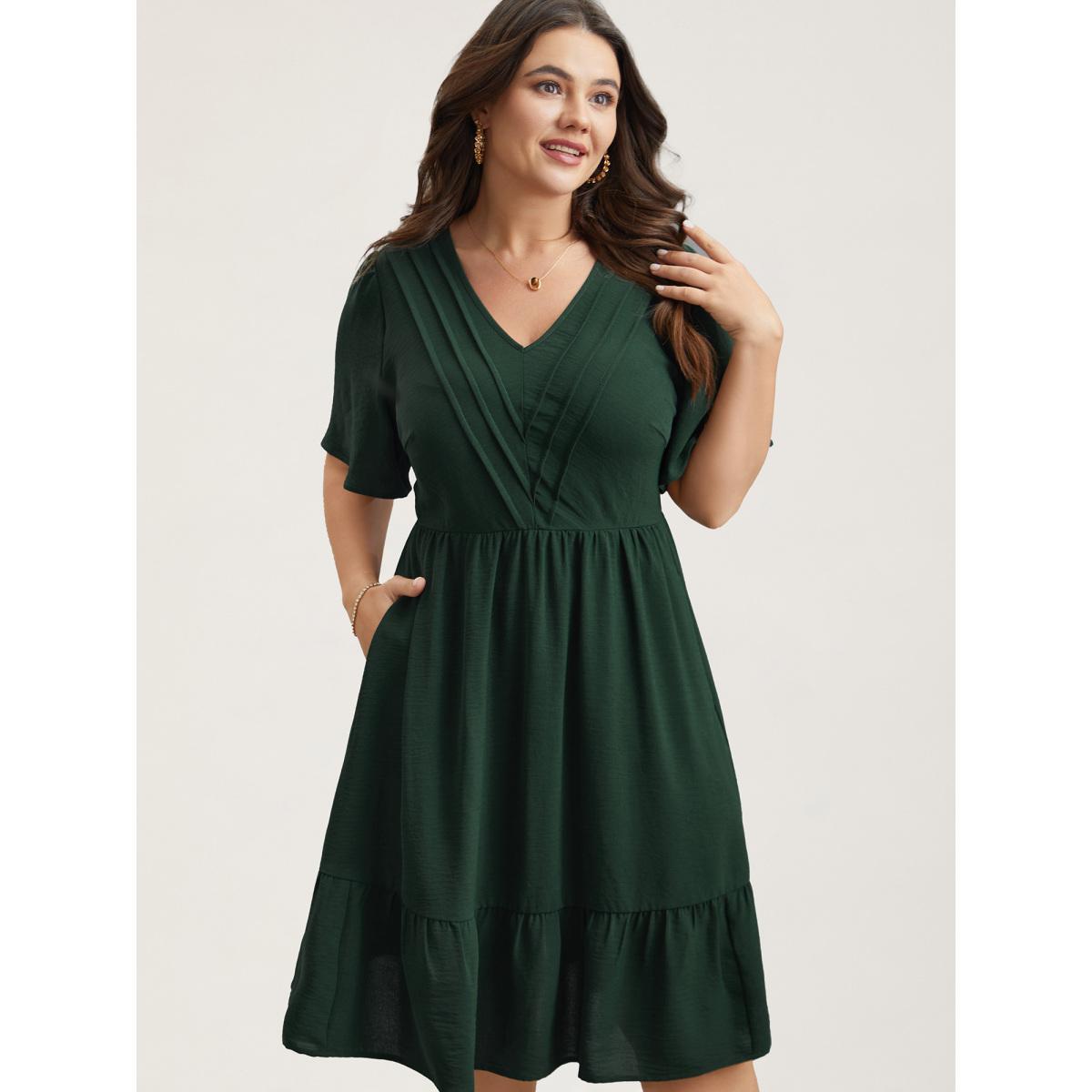 Plus Size Bib-Front V-Neck Pockets Tiered Midi Dress DarkGreen Women Elegant Tucked seam V-neck Short sleeve Curvy BloomChic 26/4X Product Image