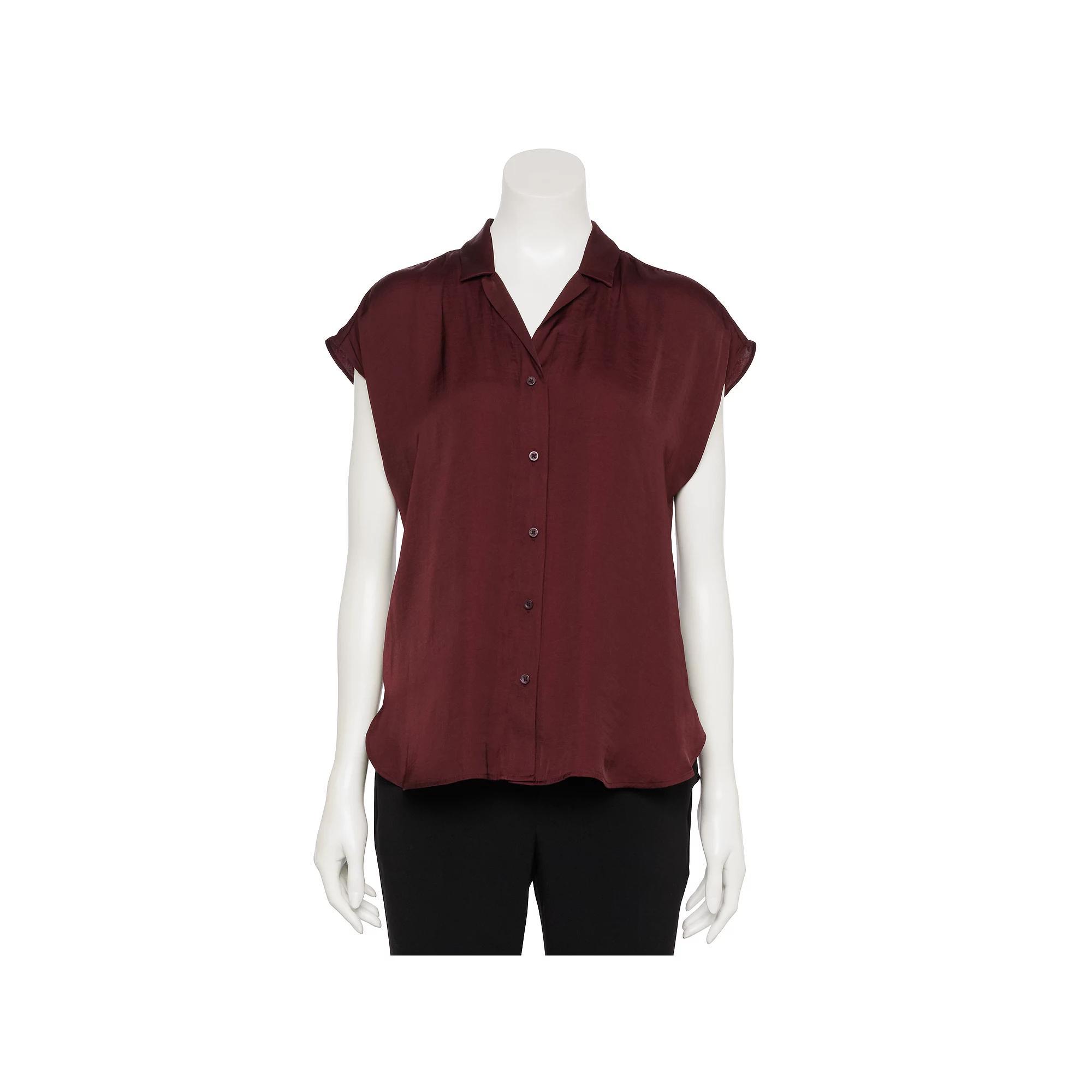 Women's Nine West Adaptive Short Sleeve Button Down Lapel Collar Shirt, Size: Small, Mineral Black Product Image