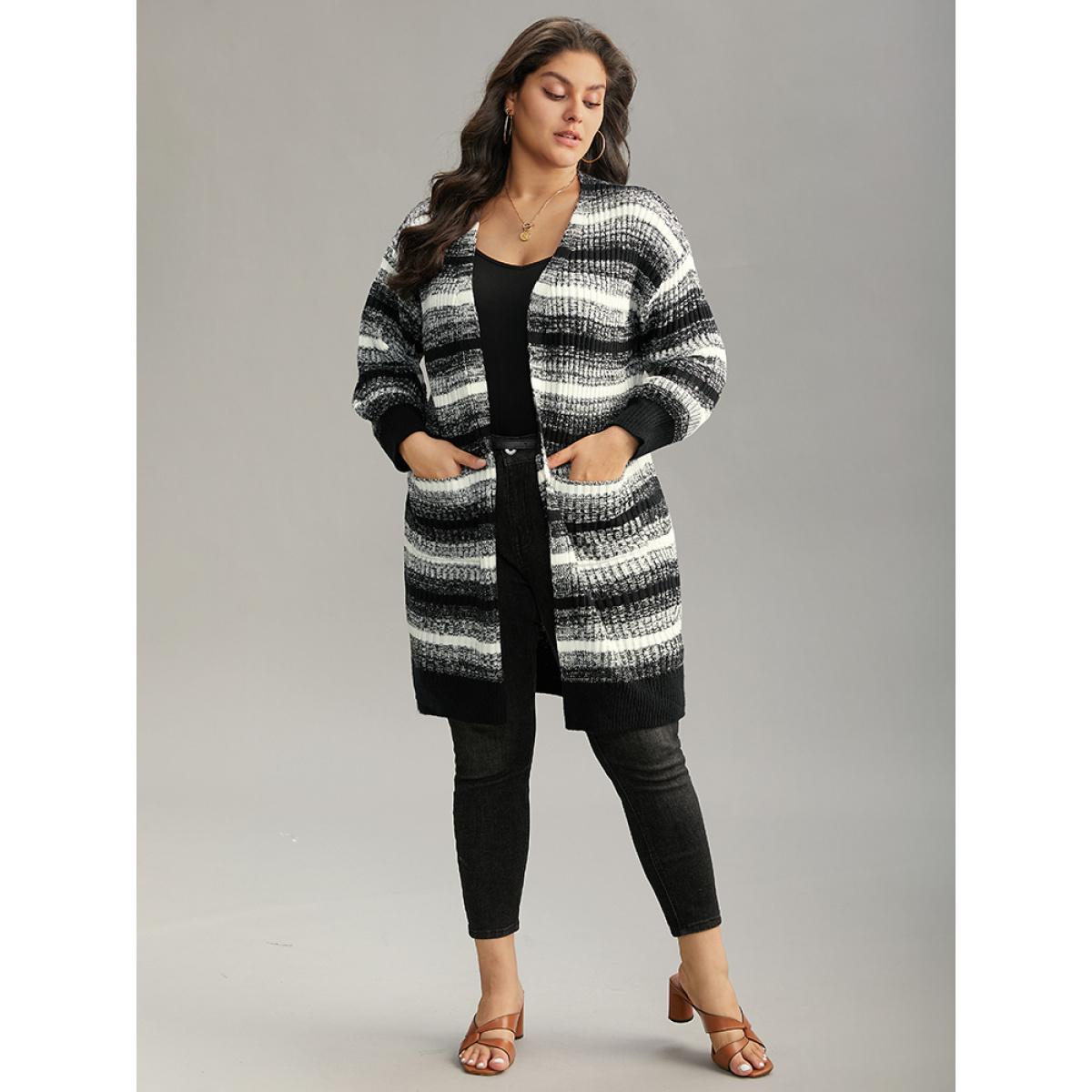 Plus Size Ombre Heather Patched Pocket Cardigan Black Women Casual Loose Long Sleeve Everyday Cardigans BloomChic 18-20/2X Product Image