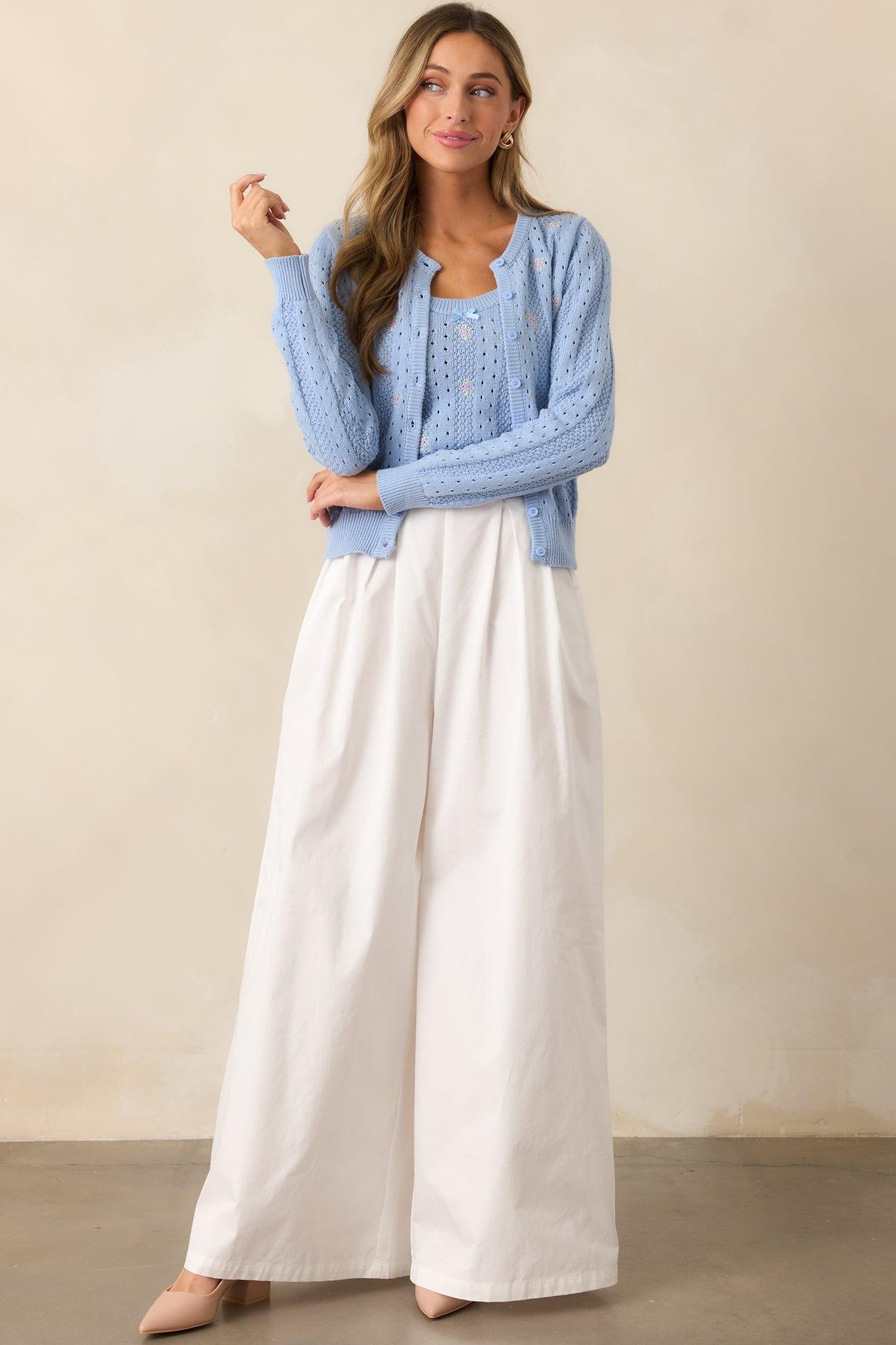 Under the Hibiscus Cotton Sky Blue Knit Floral Embroidered Tank Top Product Image