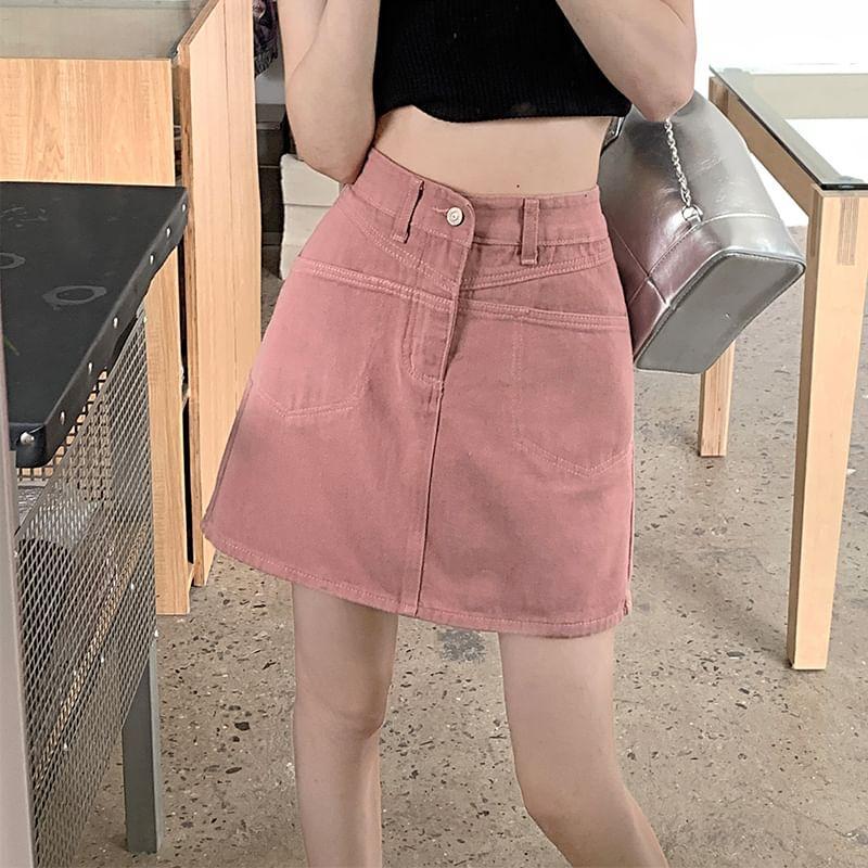 High Rise Washed Mini A-Line Denim Skirt Product Image