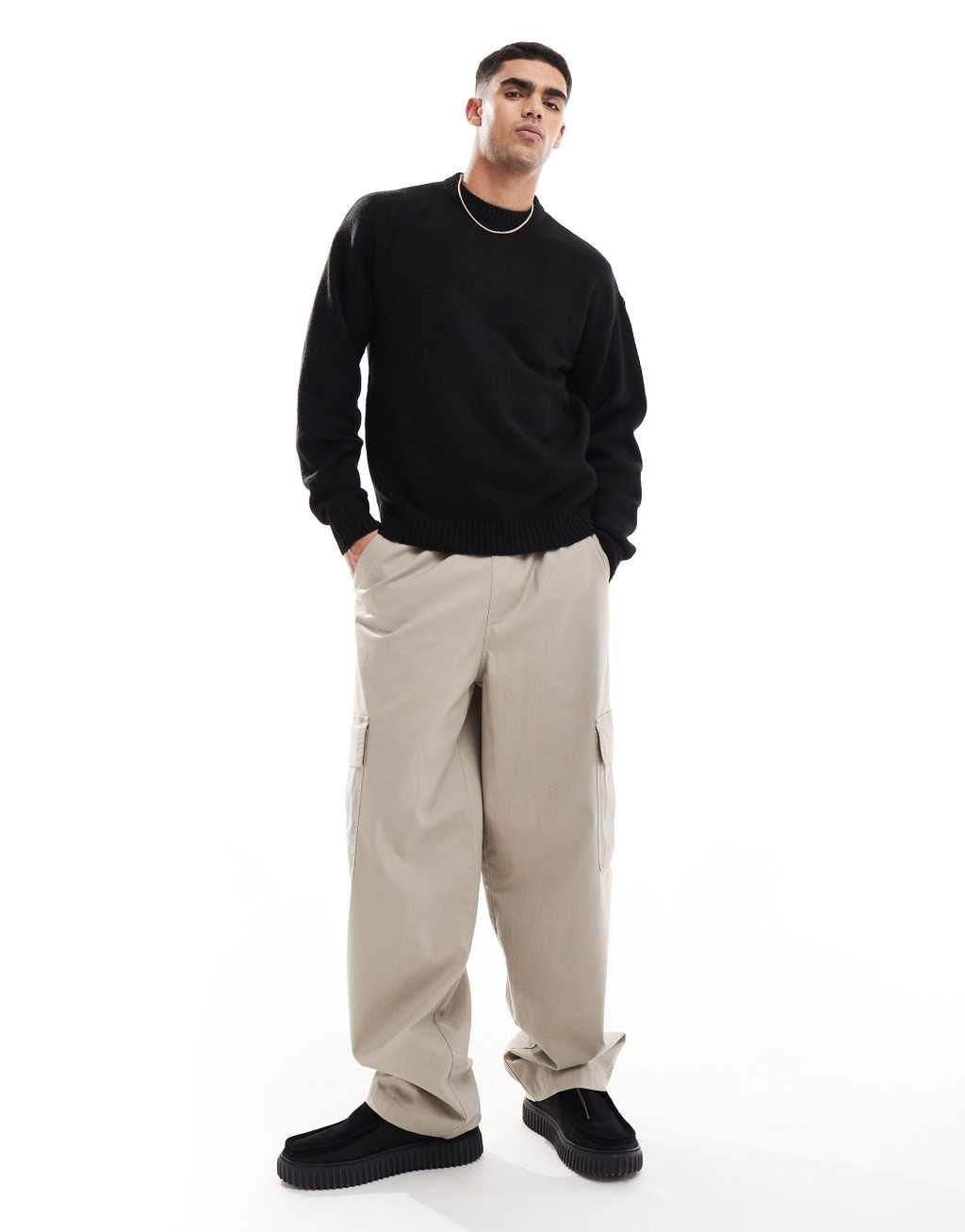 Jack & Jones oversized fluffy crew neck sweater in black  Product Image