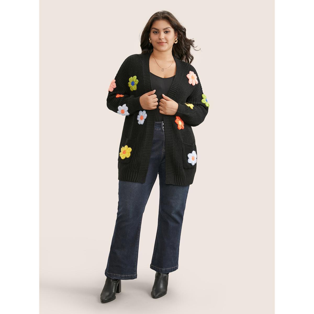 Plus Size Rainbow Floral Pocket Open Front Cardigan Black Women Casual Long Sleeve Everyday Cardigans BloomChic 10/M Product Image