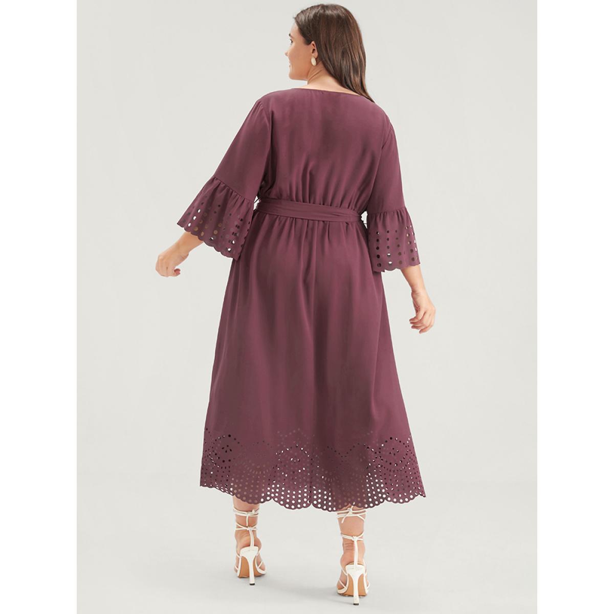 Plus Size Plain Scalloped Ruffles Pocket Laser Cut Belted Wrap Dress DustyPink Women Elegant Belted V-neck Elbow-length sleeve Curvy Midi Dress BloomChic 18-20/2X Product Image
