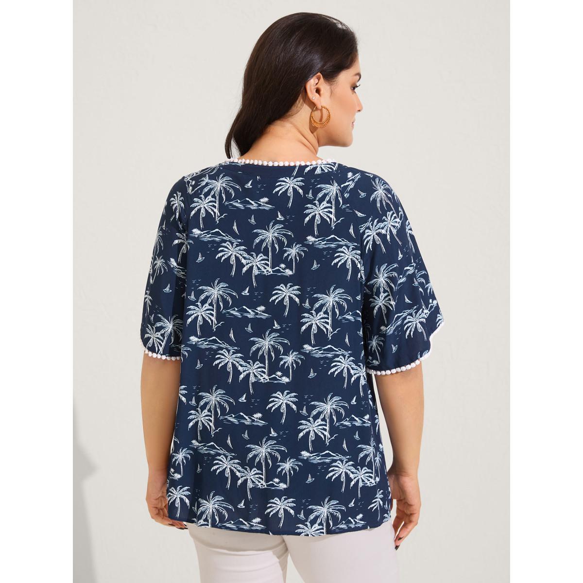 Plus Size Indigo Tropical Print Lace Trim Flowy Blouse Women Short sleeve V-neck Vacation Blouses BloomChic 26/4X Product Image