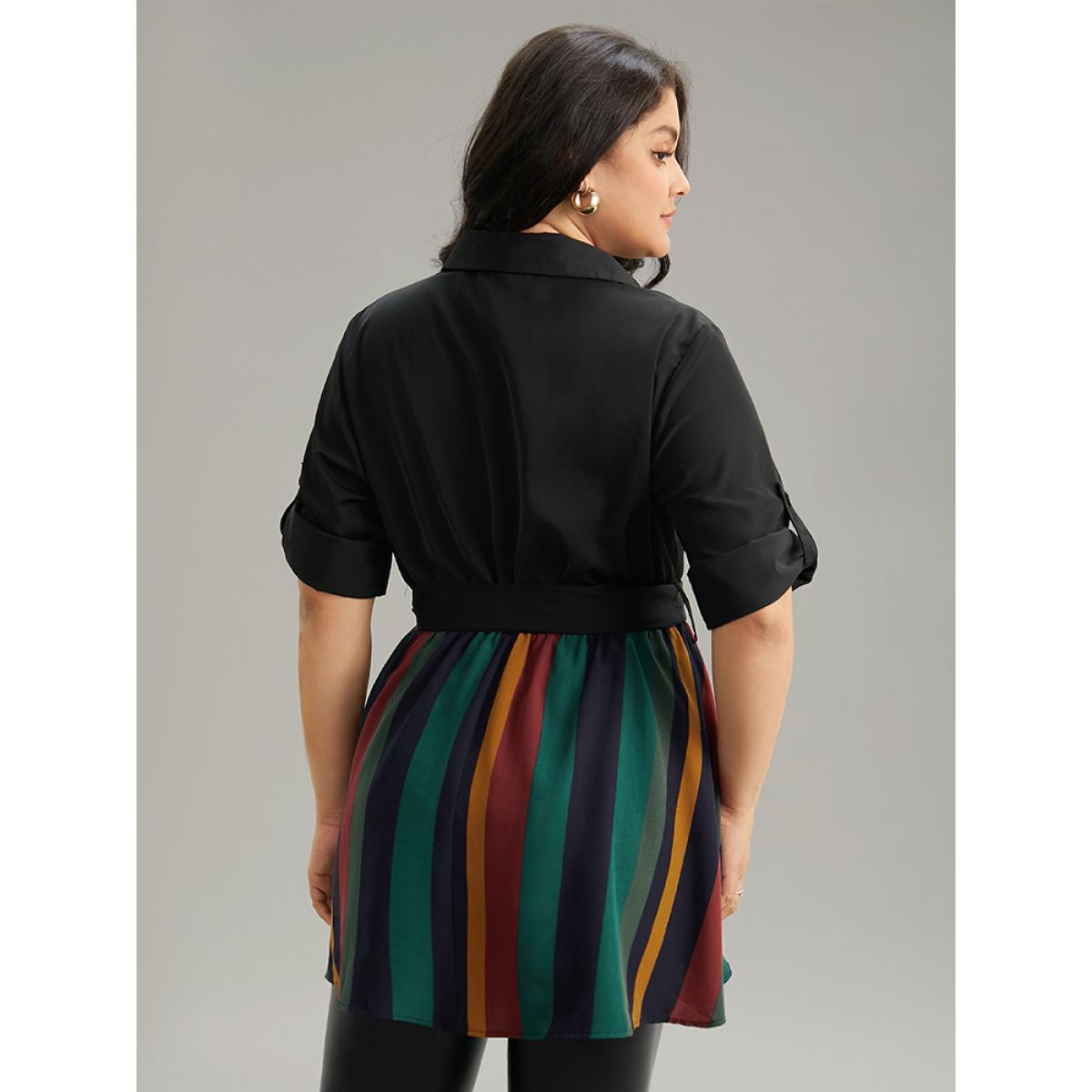 Plus Size Black Colour Striped Patchwork Belted Tab Sleeve Blouse Women Office Elbow-length sleeve Shirt collar Work Blouses BloomChic 18-20/2X Product Image