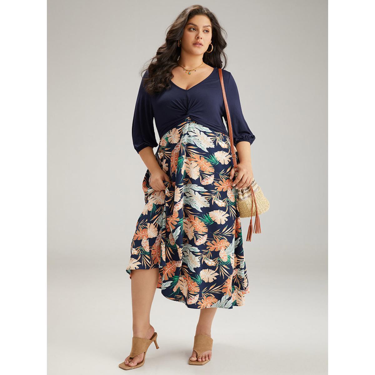 Plus Size Plants Print Patchwork Twist Front Pocket Dress DarkBlue Women Vacation Elastic cuffs V-neck Half Sleeve Curvy Midi Dress BloomChic 10/M Product Image