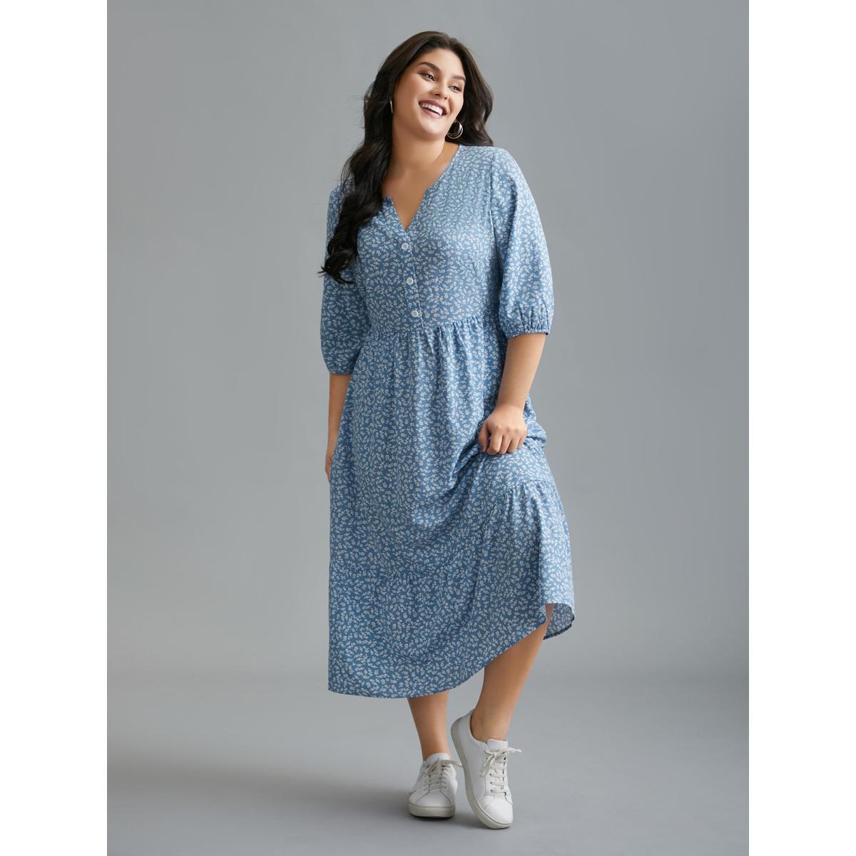 Plus Size Notched Ditsy Floral Button Midi Dress Mediumblue Women Casual Button Notched collar Elbow-length sleeve Curvy BloomChic 10/M Product Image