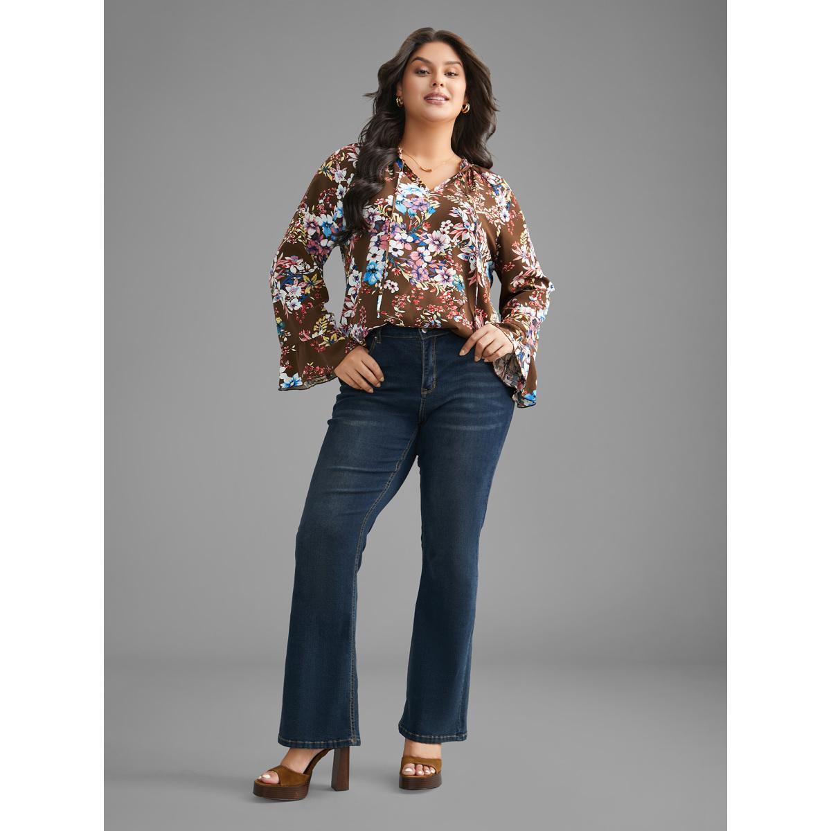 Plus Size Browncoffeecolor Floral Tie Knot Flutter Sleeve Blouse Women Elegant Long Sleeve V-neck Everyday Blouses BloomChic 26/4X Product Image