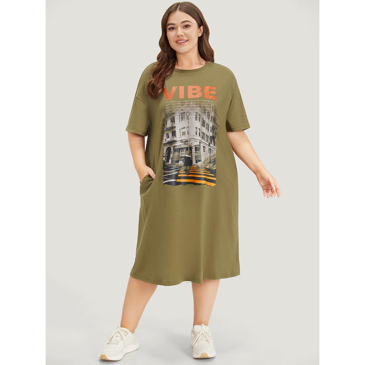 Plus Size Letter & Graphic Print Pocket Crew Neck Dress ArmyGreen Women Casual Plain Curvy Midi Dress BloomChic 30/6X Product Image