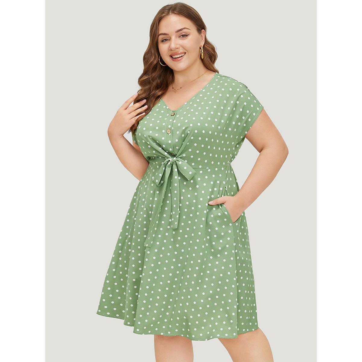 Plus Size Polka Dot Pocket Button Detail Twist Front Knee Dress Green Women Elegant Knotted V-neck Cap Sleeve Curvy Knee Dress BloomChic 10/M Product Image