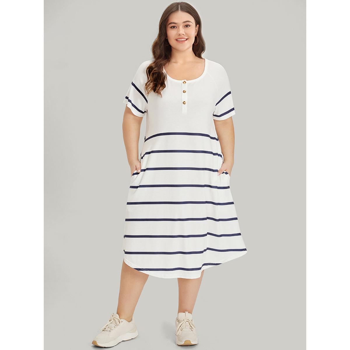 Plus Size Striped Button Through Pocket Raglan Sleeve Dress White Women Casual Contrast Round Neck Short sleeve Curvy Midi Dress BloomChic 12/L Product Image