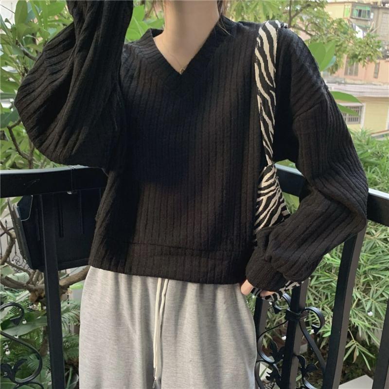 Drop Shoulder V-Neck Plain Ribbed Knit Sweater Product Image
