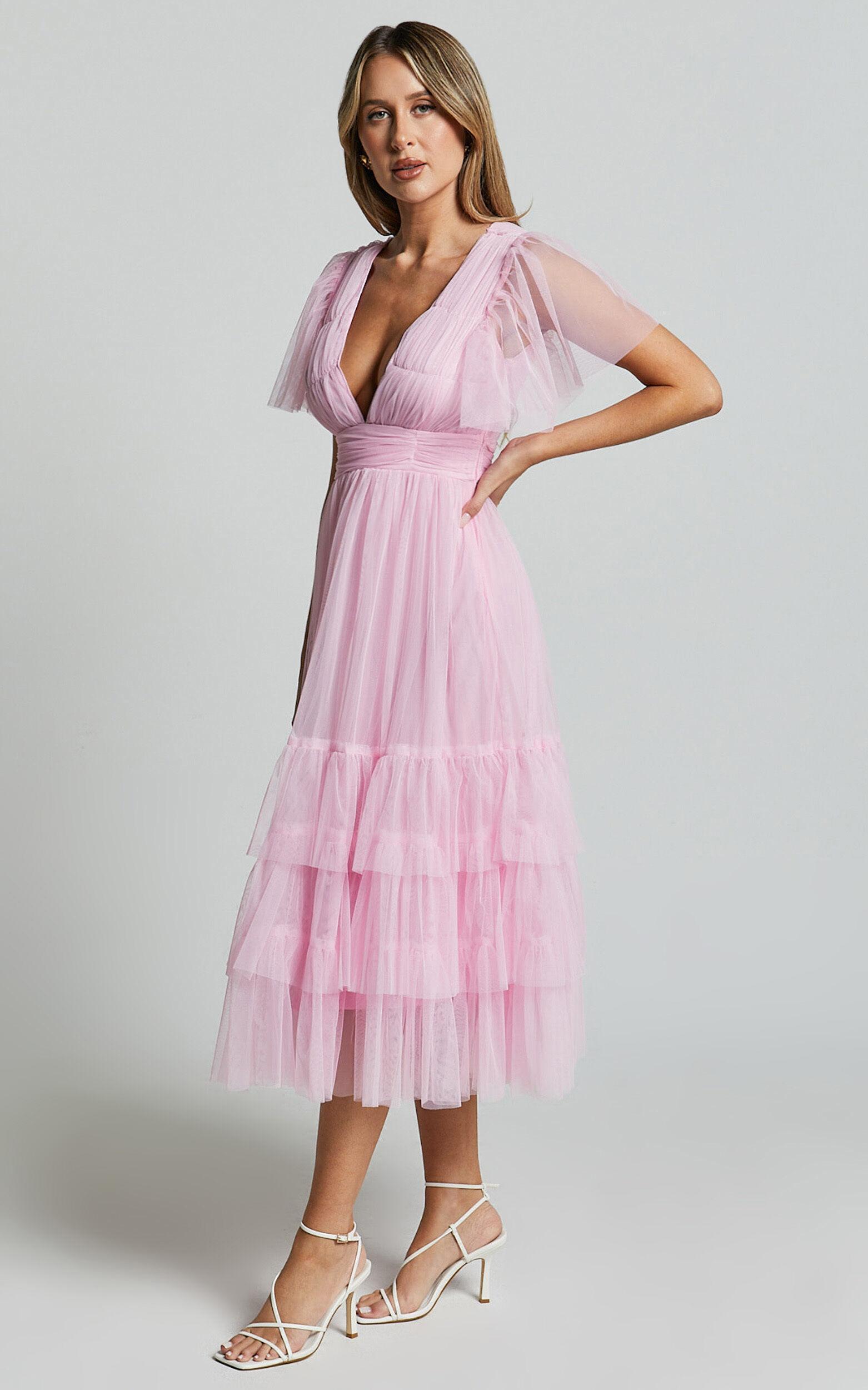 Jiraye Midi Dress - Flutter Sleeve Tuelle Plunge Dress in Ballet Pink Product Image
