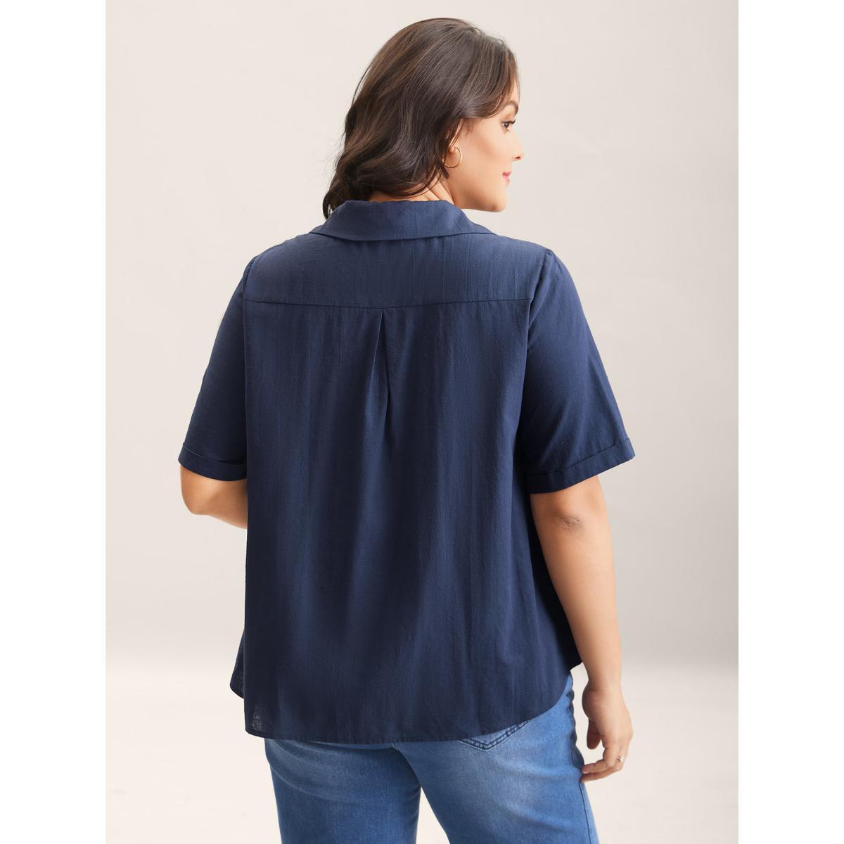 Plus Size Indigo Cotton Collar Button Placket Blouse Women Half Sleeve Shirt collar Everyday-Casual Blouses BloomChic 22-24/3X Product Image