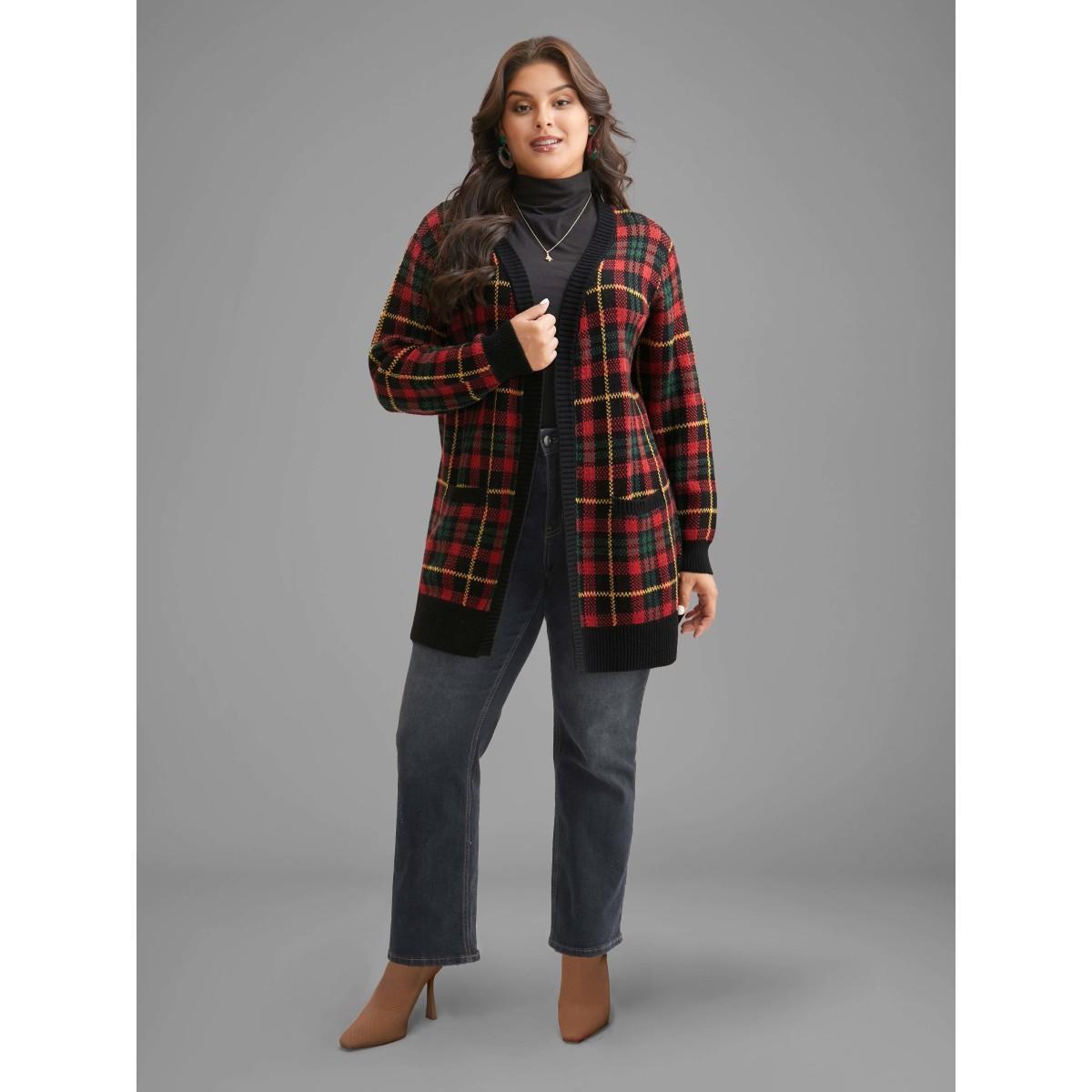 Plus Size Holiday Plaid V-neck Open Cardigan Black Women Casual Loose Long Sleeve Everyday Cardigans BloomChic 26/4X Product Image