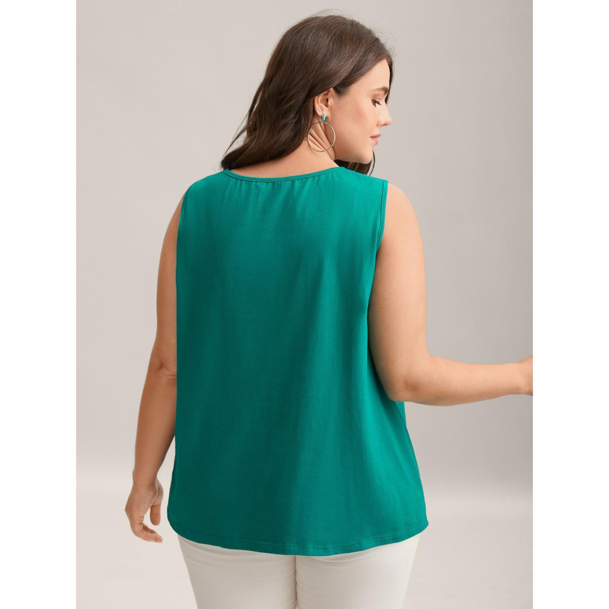 Plus Size Bamboo Cotton Stretchy 3D Print Tank Top Women Teal Gathered Round Neck Vacation Tank Tops Camis BloomChic 18-20/2X Product Image