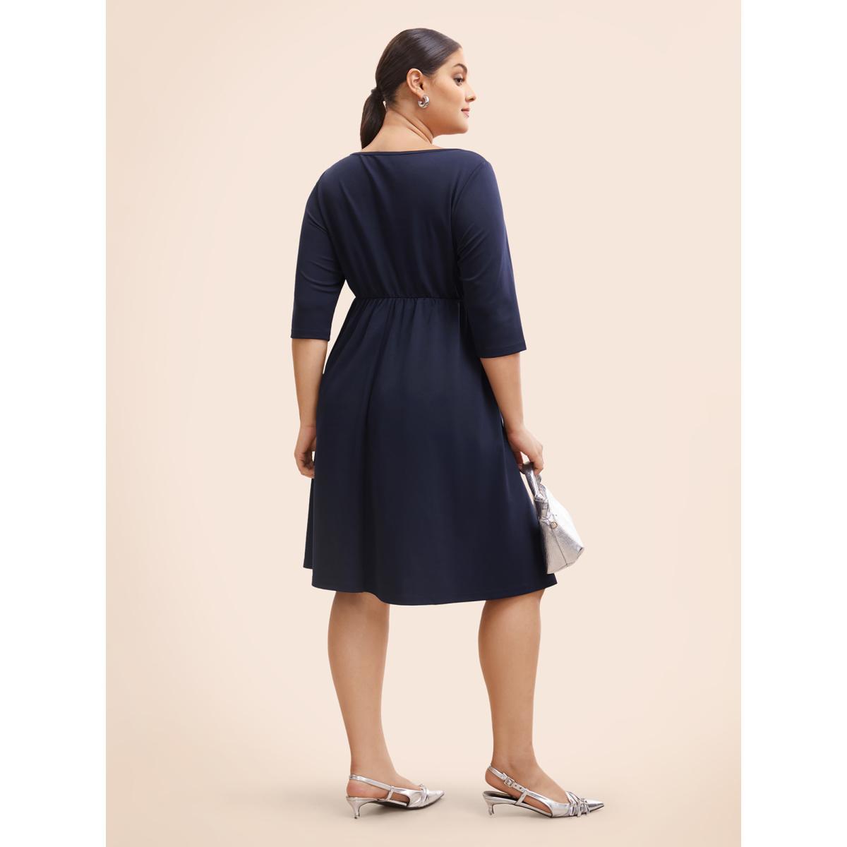 Plus Size Solid Cut Out Split Hem Dress Navy Women At the Office Cut-Out Boat Neck Elbow-length sleeve Curvy BloomChic 18-20/2X Product Image