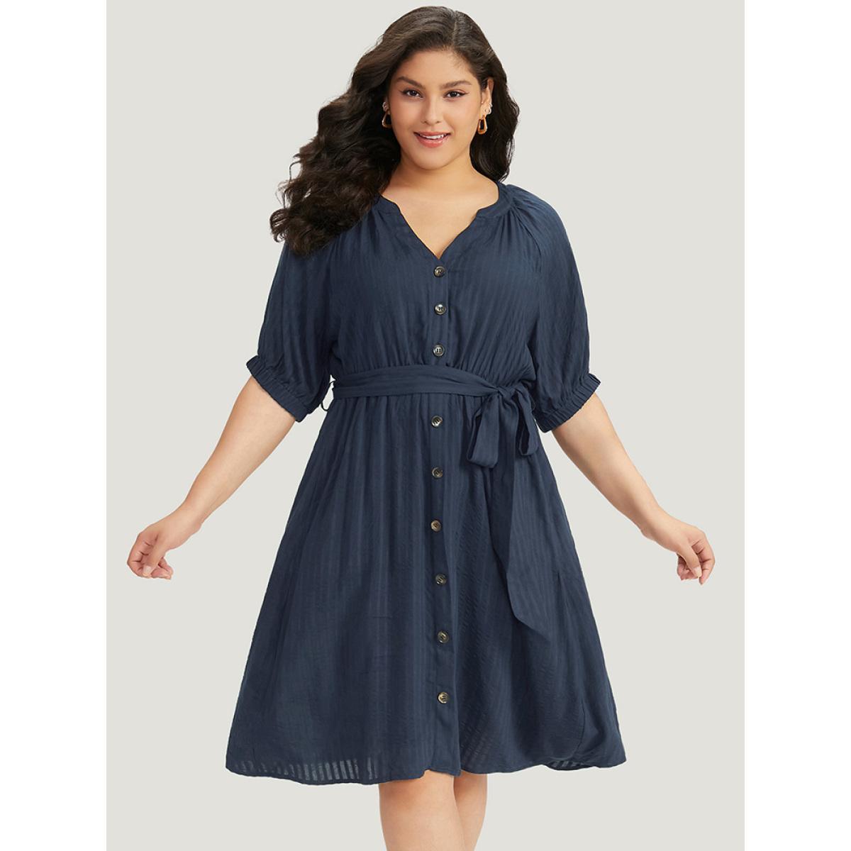 Plus Size Solid Button Through Notched Belted Dress Navy Women Office Elastic cuffs Notched collar Short sleeve Curvy Midi Dress BloomChic 26/4X Product Image
