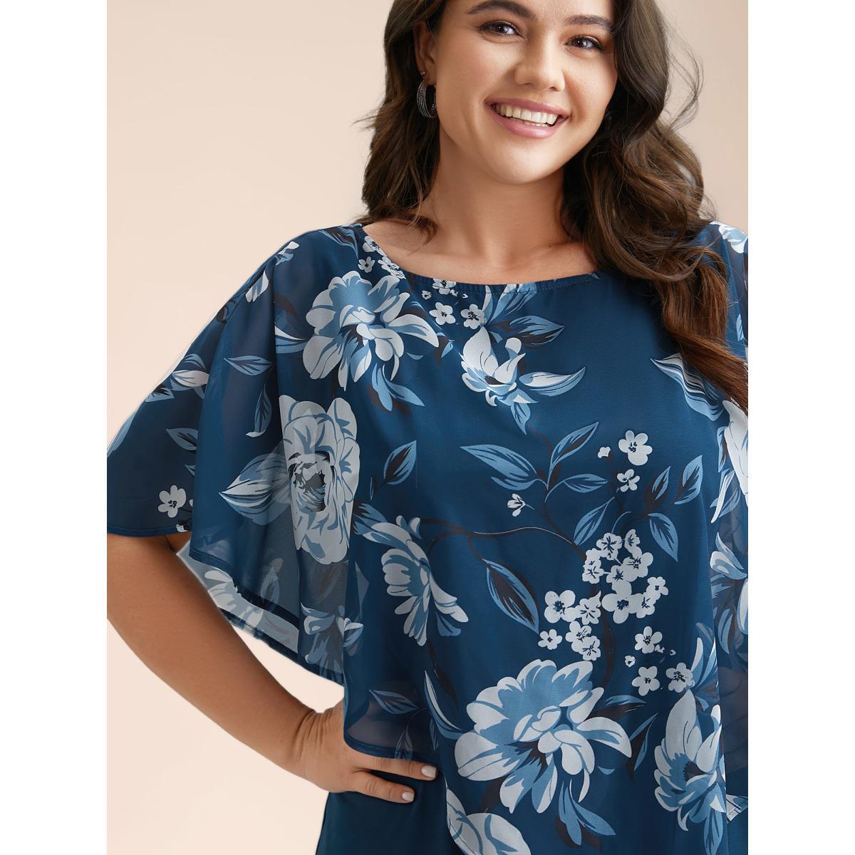 Plus Size Floral Print Cloak Tiered Midi Dress Aegean Women Elegant See through Round Neck Half Sleeve Curvy BloomChic 12/L Product Image