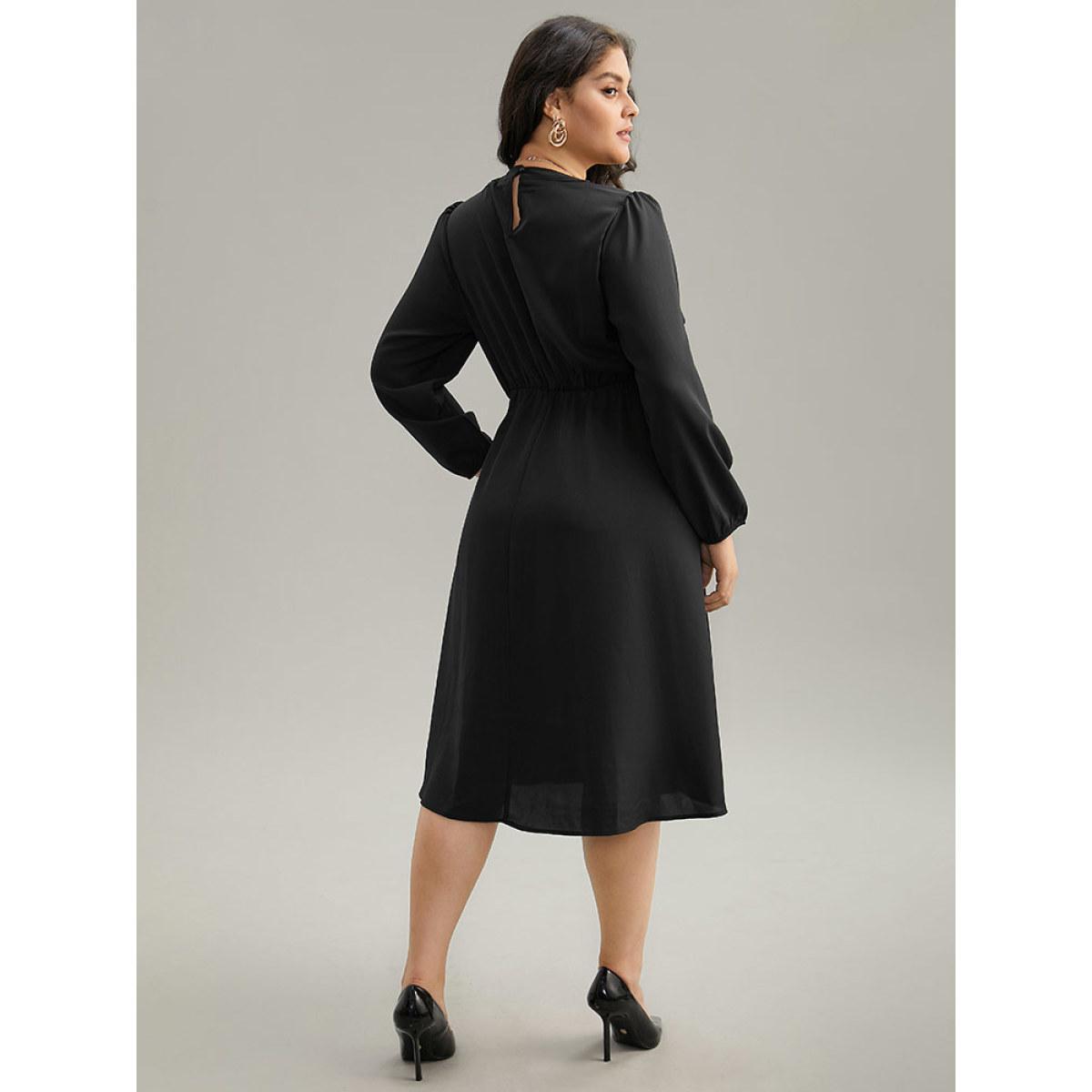 Plus Size Static-Free Metal Detail Plicated Detail Dress Black Women Office Elastic cuffs Round Neck Long Sleeve Curvy Midi Dress BloomChic 14-16/1X Product Image