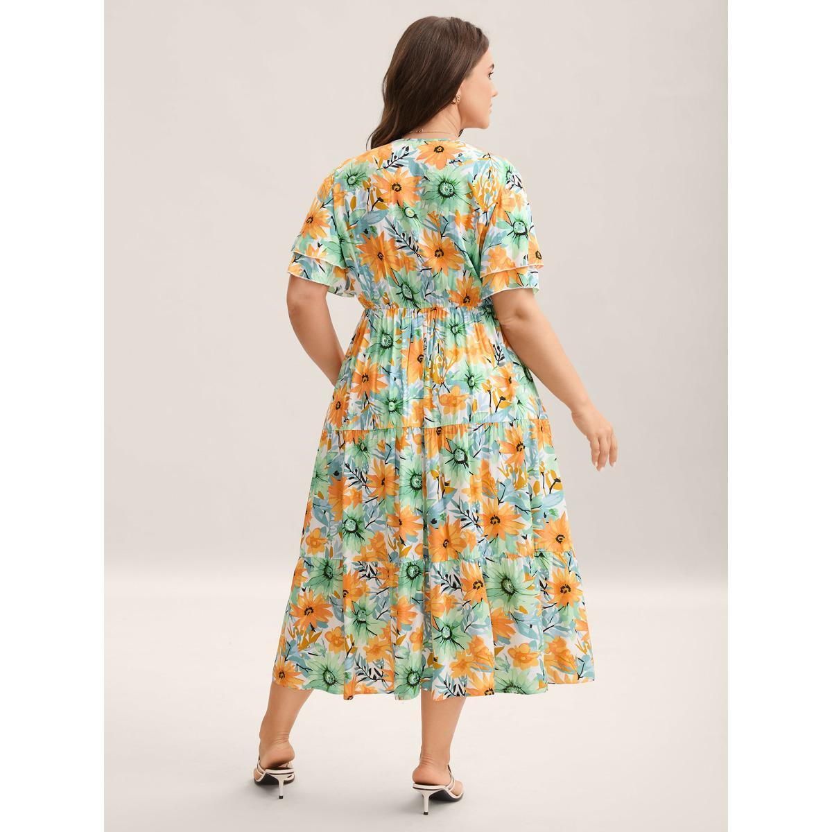 Plus Size Floral Print Rayon Pockets Tiered Midi Dress Beige Women V-neck Short sleeve Curvy BloomChic 12/L Product Image