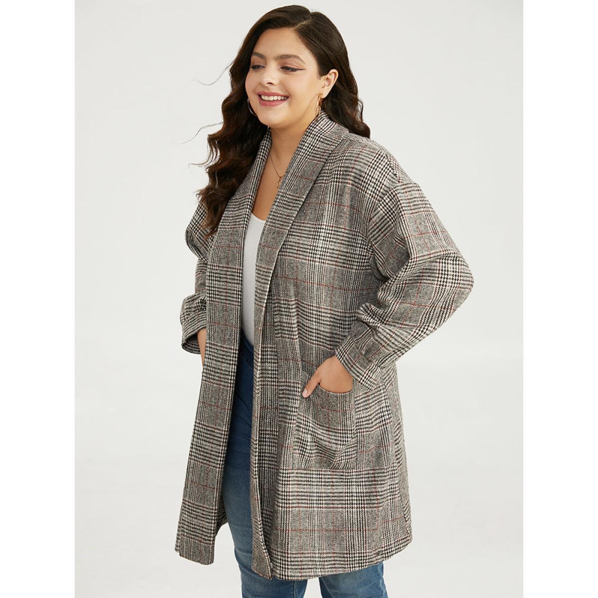 Plus Size Plaid Lapel Collar Patched Pocket Coat Women Tan Casual Texture Ladies Dailywear Winter Coats BloomChic 18-20/2X Product Image