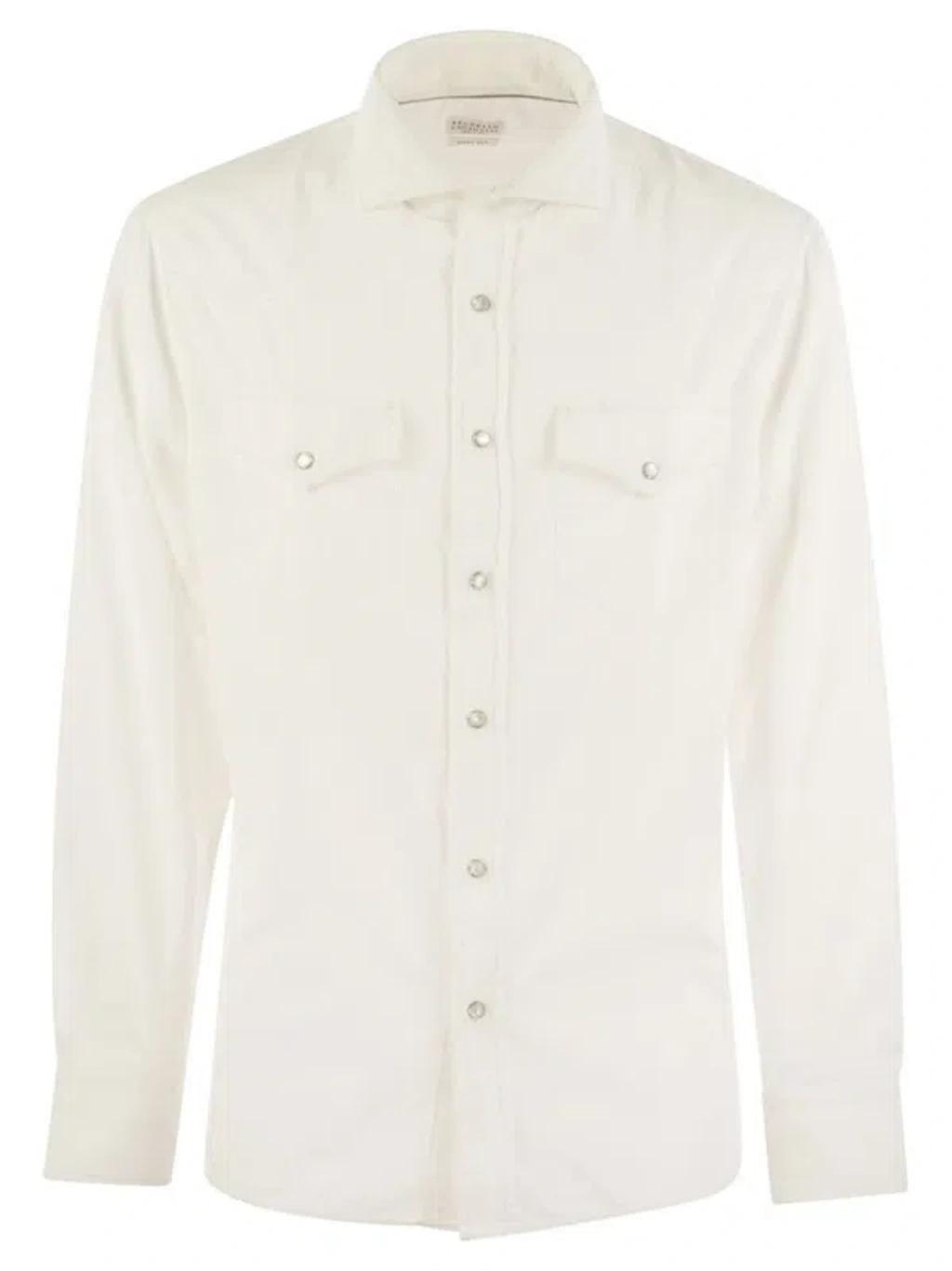 BRUNELLO CUCINELLI Garment-dyed Corduroy Easy-fit Shirt With Press Studs, Epaulettes And Pockets In Navy Blue Product Image