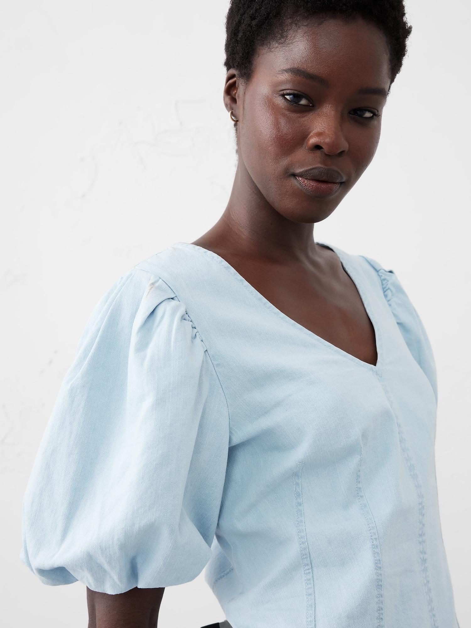 Bubble-Sleeve Seamed Poplin Top Product Image