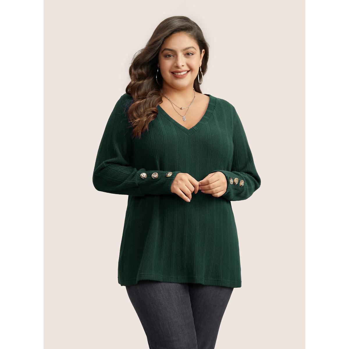 Plus Size Rib Knit V Neck Button Detail T-shirt Eggplant Women Casual Non Plain V-neck Everyday T-shirts BloomChic 28/5X Product Image