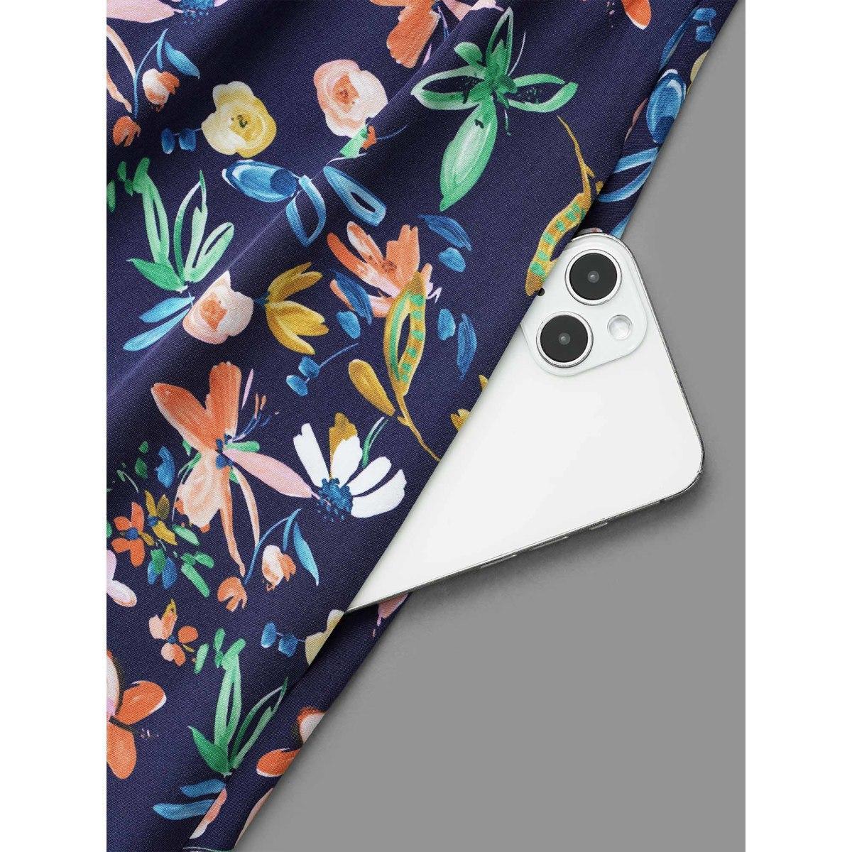 Plus Size Surplice Neck Floral Print Pocket Dress DarkBlue Women Elegant Non Overlap Collar Elbow-length sleeve Curvy BloomChic 12/L Product Image