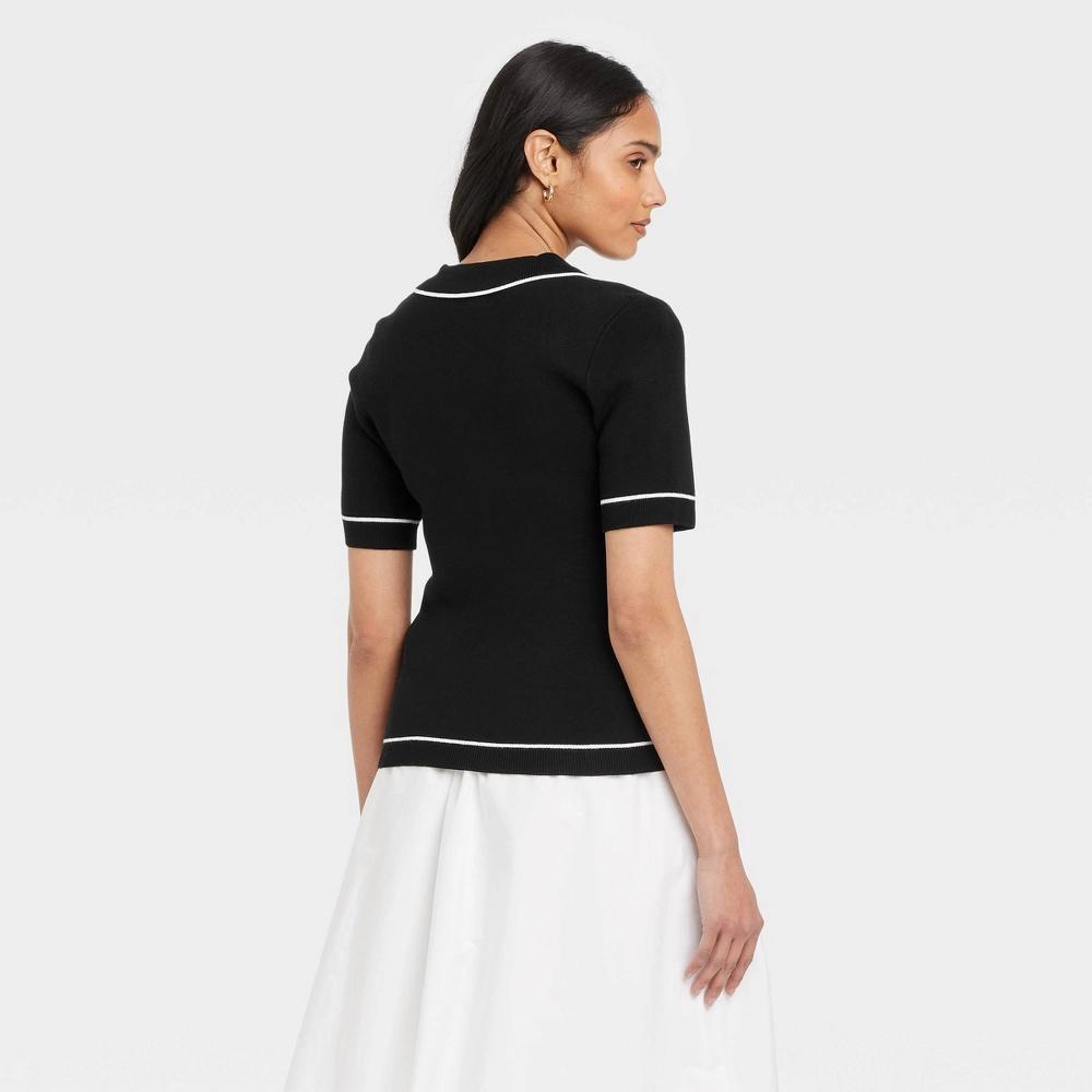 Women's Short Sleeve Polo Collar Pullover Sweater - A New Day™ Black XS: Fitted Lightweight Knit Product Image