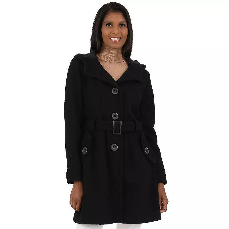 Women's Fleet Street Hooded Textured Wool-Blend Coat, Size: Medium, Black Product Image