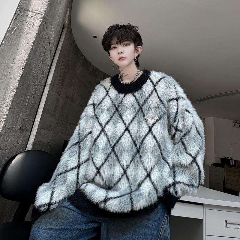Round Neck Argyle Fluffy Oversized Sweater Product Image