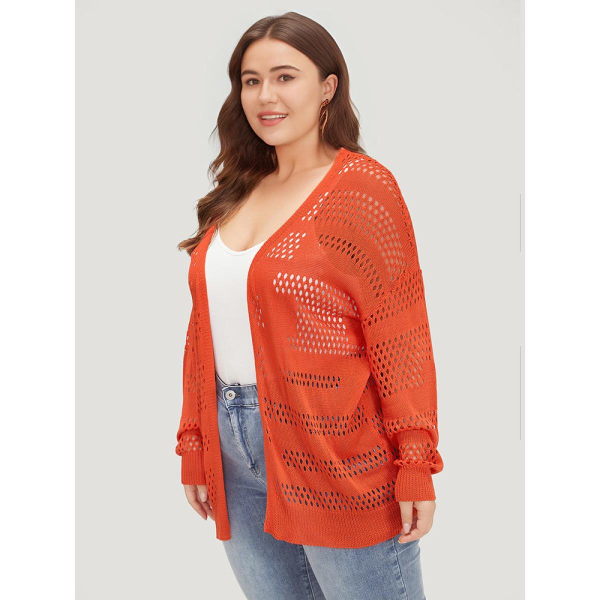 Plus Size Plain Open Front Elastic Sleeve Cut Out Cardigan Scarlet Women Casual Loose Long Sleeve Everyday Cardigans BloomChic 22-24/3X Product Image